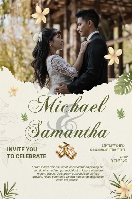 the wedding card is decorated with flowers and leaves