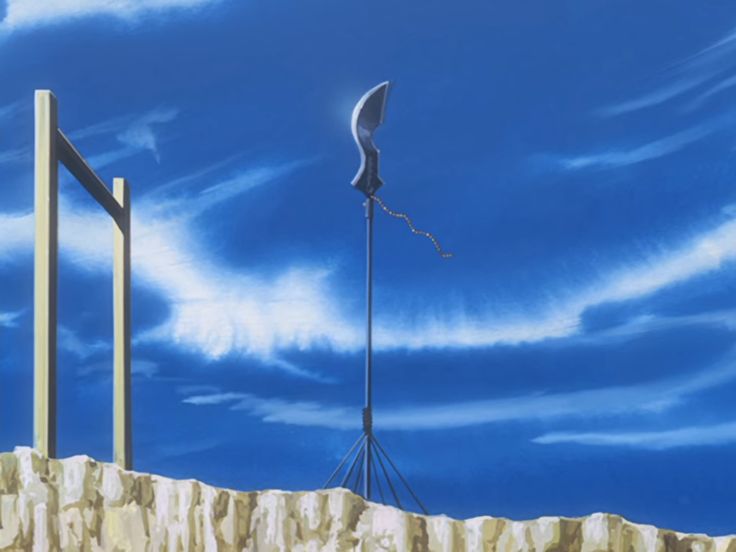 two wind mills in front of a blue sky with white clouds and some tall poles