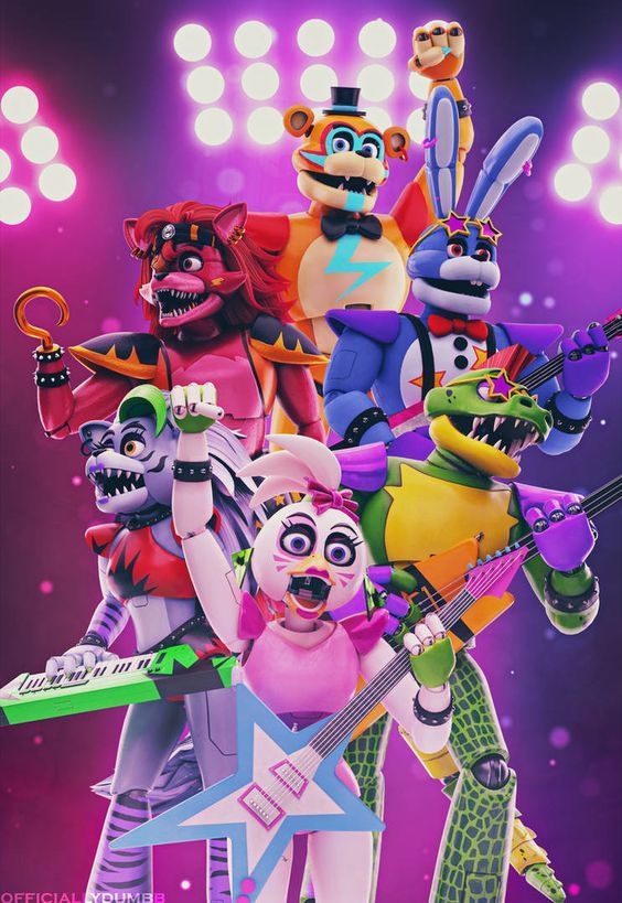 five cartoon characters standing in front of a stage with lights and music equipment on it