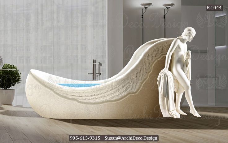 a white sculpture sitting on top of a wooden floor next to a bathtub filled with water