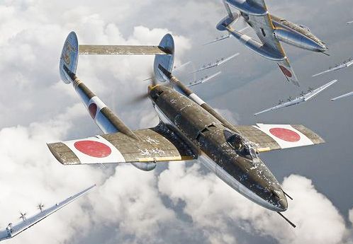 four fighter jets flying in the sky above clouds