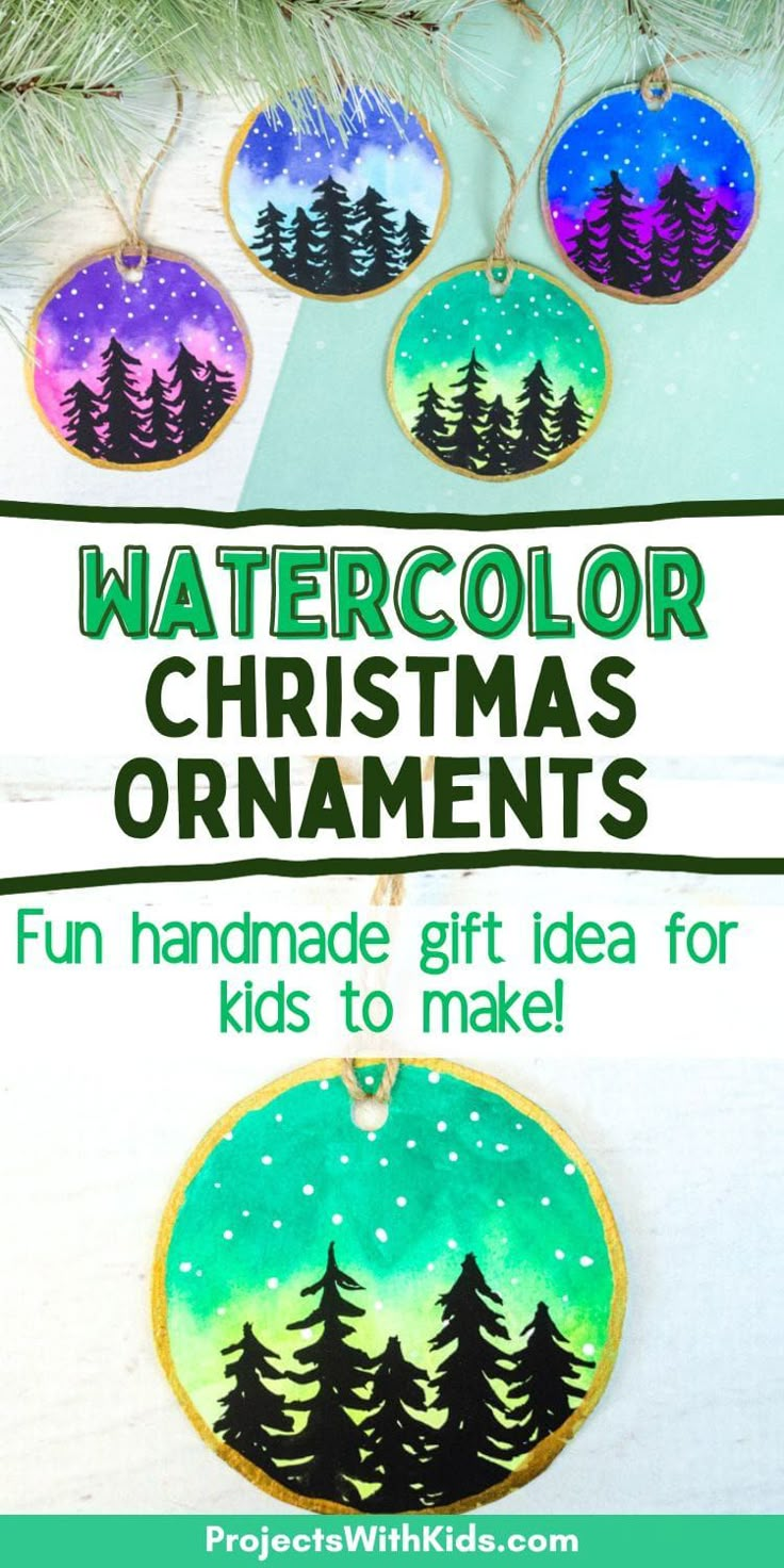 some christmas ornaments hanging from a tree with the text watercolor christmas ornaments fun handmade gift idea for kids to make