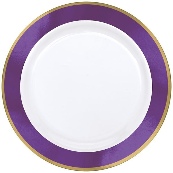 a purple and gold plate on a white background