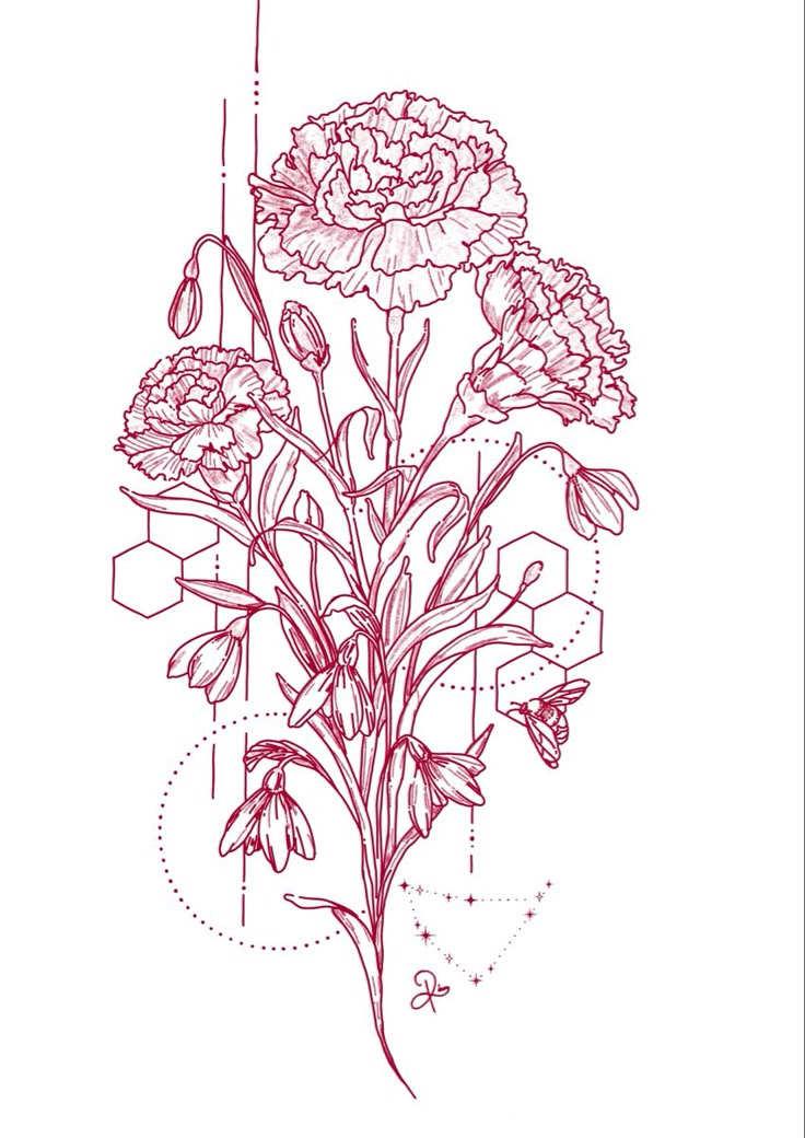 a line drawing of flowers with blocks in the background and lines on the bottom half