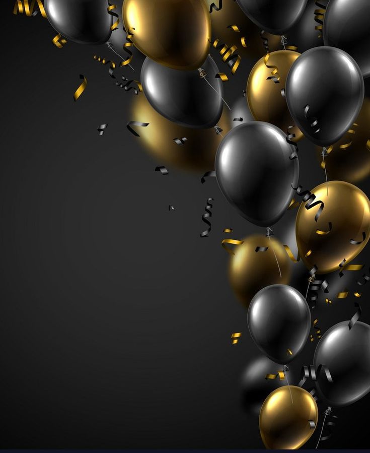 black and gold balloons with confetti falling from the top on a dark background