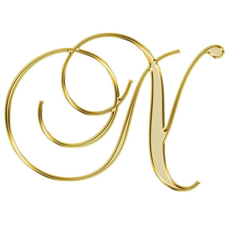 the letter n is made out of gold metal and has spirals on each side