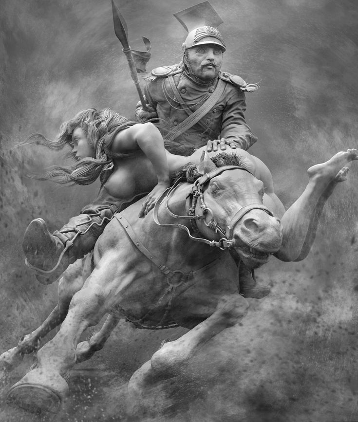 a black and white photo of a man riding on the back of a horse next to a woman