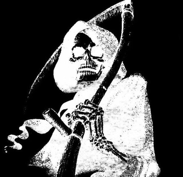 a black and white drawing of a skeleton holding a baseball bat in one hand and wearing a skull mask on the other