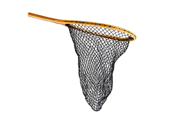 a fishing net with a wooden handle hanging from it's side on a white background