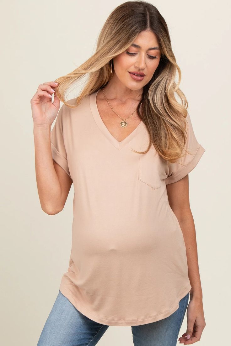 Olive V-Neck Pocket Short Sleeve Maternity Shirt– PinkBlush Versatile Beige V-neck Top, Beige Non-stretch V-neck Top, Beige V-neck Top, Fitted Short Sleeve Maternity Top, Fitted Short Sleeve Tops For Maternity Wear, Summer Maternity Tops With Short Sleeves, Maternity Summer Tops With Short Sleeves, Fitted Nursing Friendly Top With Short Sleeves, Nursing Friendly Fitted Short Sleeve Tops