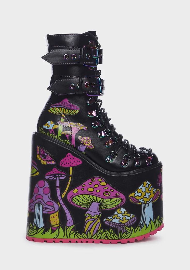 Current Mood Mushroom Print Double Stacked Platform Boots - Black/Multi – Dolls Kill Multicolor High-top Platform Boots, 90s Platform Shoes, Goth Shoes, Grunge Clothing, Lace Up Leggings, Cute Shoes Heels, Mushroom Print, Black Platform Boots, Oil Slick