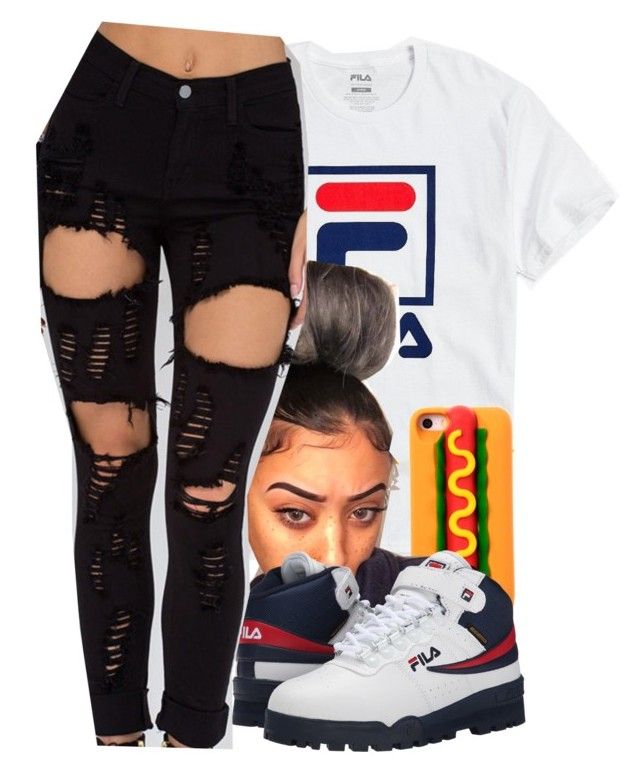 "#51:Watch I cop some frfr" by chilly-gvbx ❤ liked on Polyvore featuring Fila Fila Shoes Outfit, Sets Outfit, High Waisted Distressed Jeans, Fila Shoes, Jordan Outfits, Shoes Outfit, Swag Outfits For Girls, Casual School Outfits, Navy Shoes