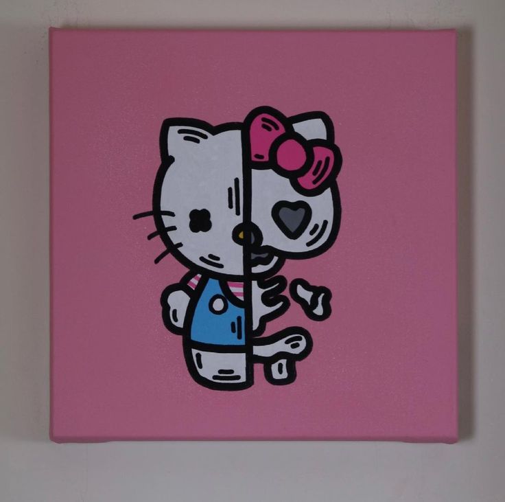 a hello kitty painting on a pink canvas with a white cat holding onto the wall