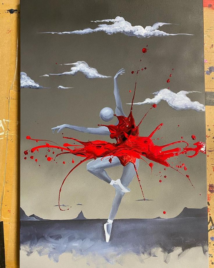 a painting of a ballerina with red paint on it's body and arms