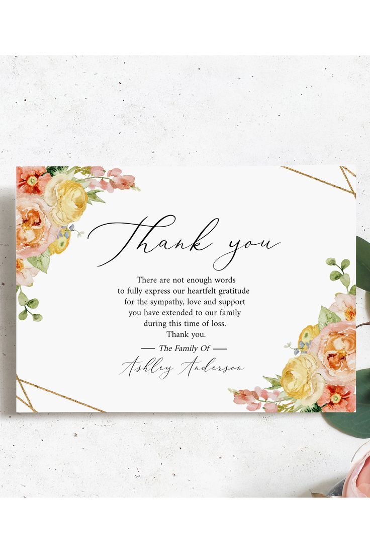 Yellow Celebration of life Funeral Thank You Card Elegant Yellow Floral ...