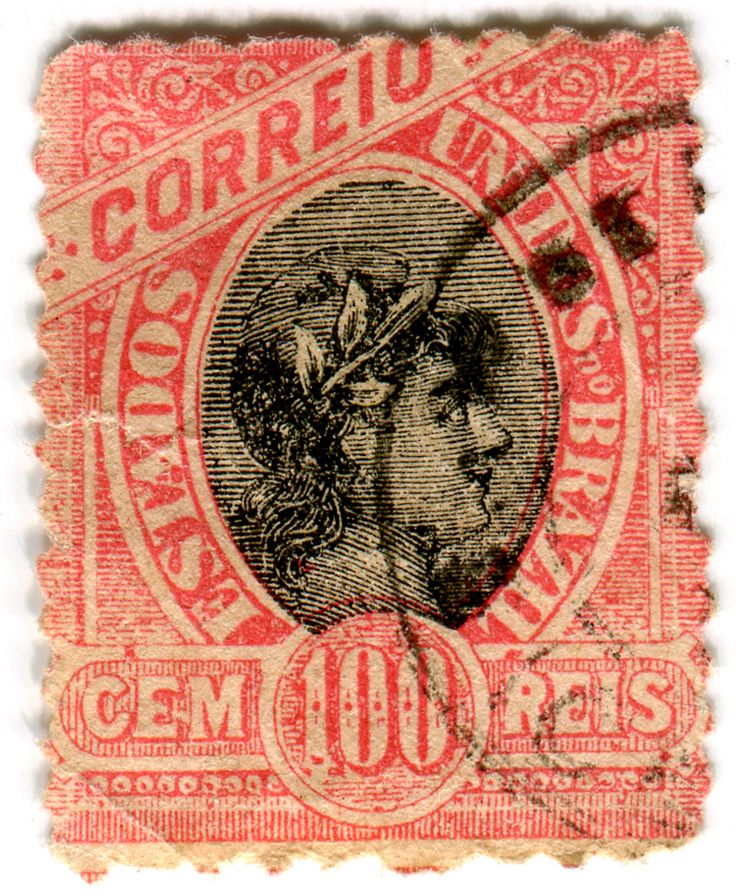 an old red and black stamp with a woman's face on it