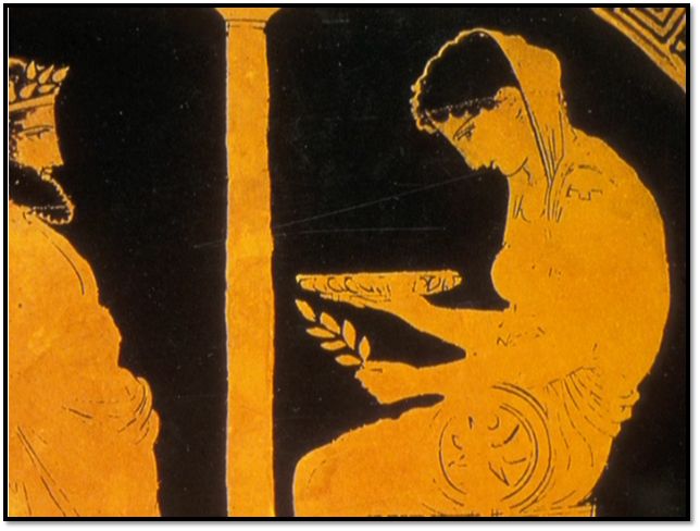 an ancient greek vase with a woman holding a bowl and another man looking at it