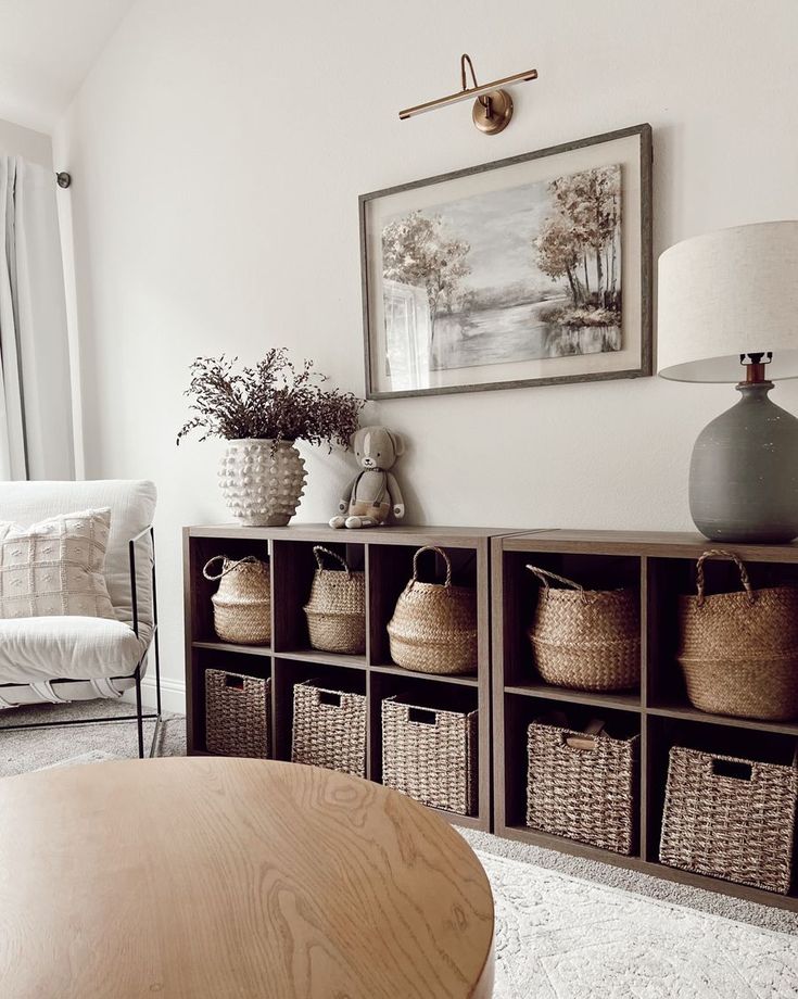 a living room with baskets and plants on the shelf