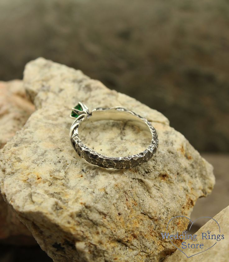 Hammered engagement ring with emerald, Unique emerald ring, Unusual rocky ring, Emerald engagement ring, Women's emerald ring, Women's gift ■ All wedding rings are only crafted with the finest of recycled metals DETAILS: Stone - 5mm lab grown Emerald Metal - Sterling Silver Dimensions - width 3,5mm (0.137 in.), Thickness - 1,5mm (0.059 in.) Finish - shiny and oxidized Please choose your ring size and gems in menu while making your order View all rock rings and bands: https://etsy.me/2UlV8Zj ■ CU Promise Princess Cut Emerald Ring With Center Stone, Princess Cut Emerald Promise Ring With Center Stone, Green Emerald Stackable Rings With Prong Setting, Emerald Princess Cut Ring With Center Stone, Promise Jewelry With Emerald Birthstone, Emerald Birthstone Jewelry For Promise, Unique Promise Rings With Accent Stones, Emerald Diamond Open Ring As Gift, Emerald Stackable Promise Rings