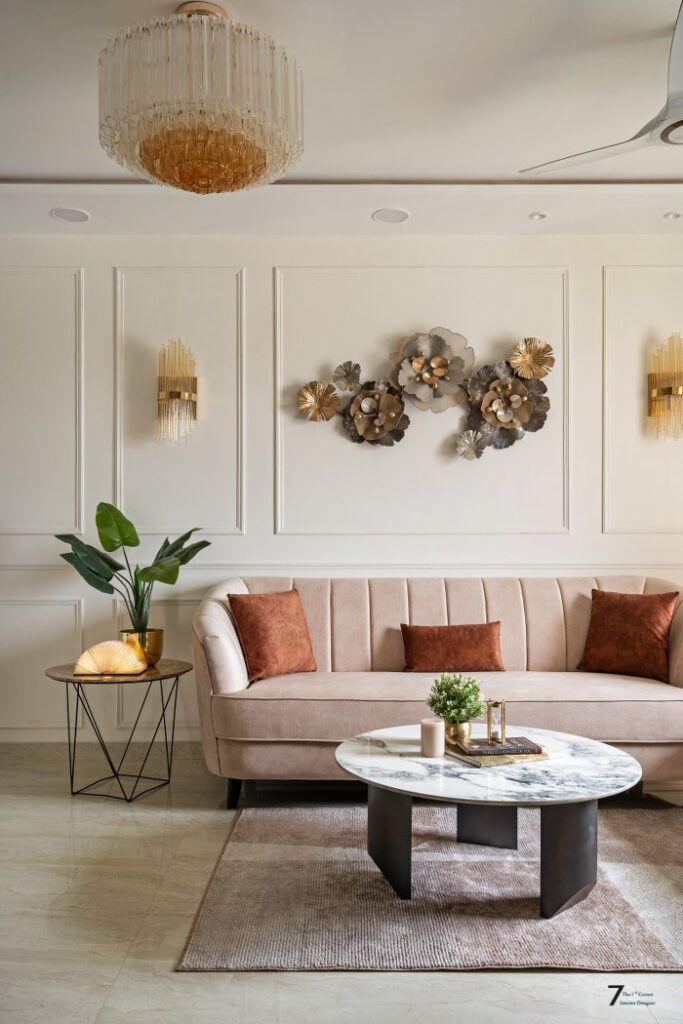 a living room with two couches and a coffee table in front of the wall