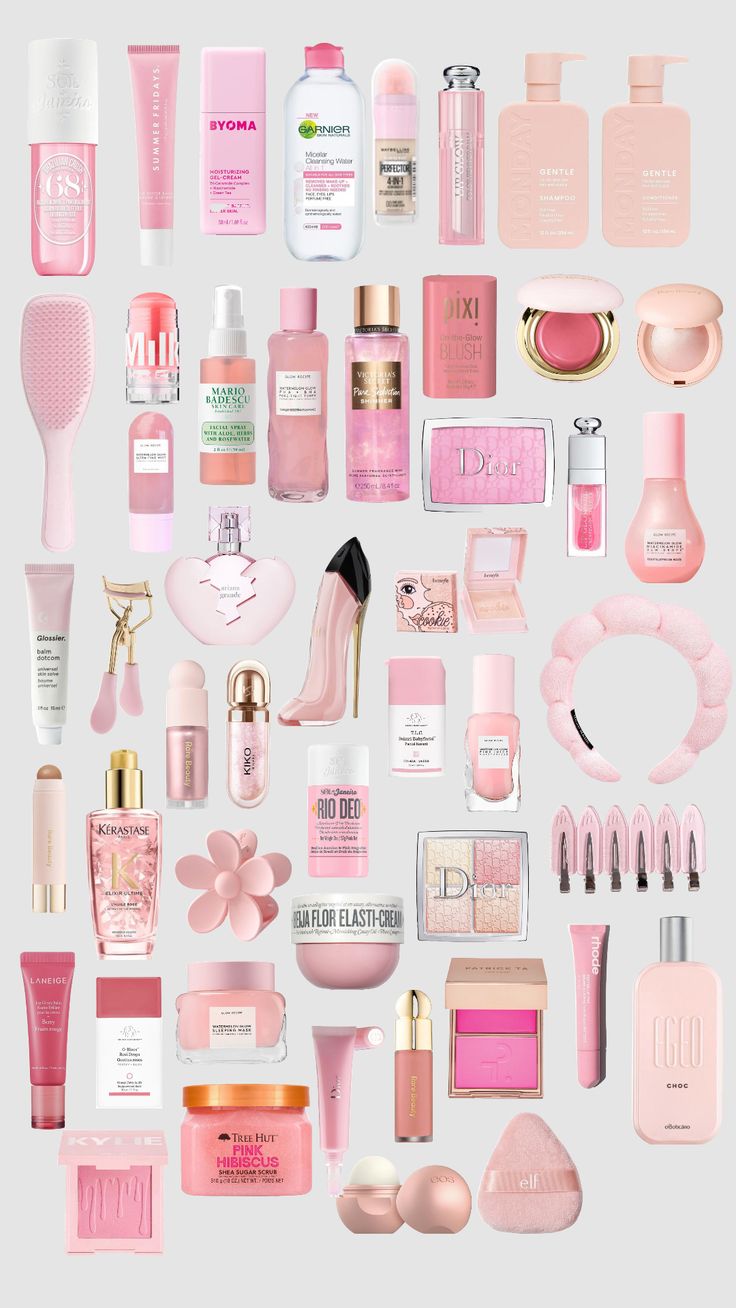 a large assortment of pink and white items