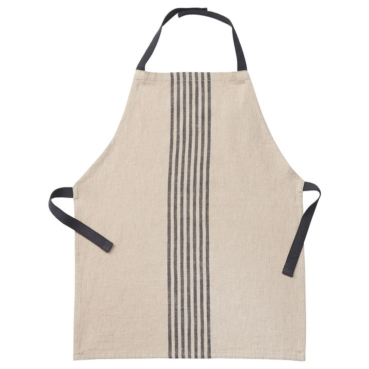 an apron with black and white stripes on the front, hanging from a corded handle