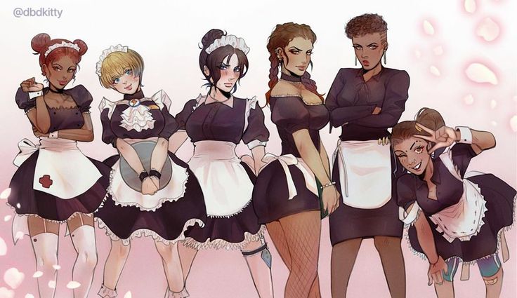 an animated group of women dressed in maid outfits with aprons on their shoulders and arms around each other