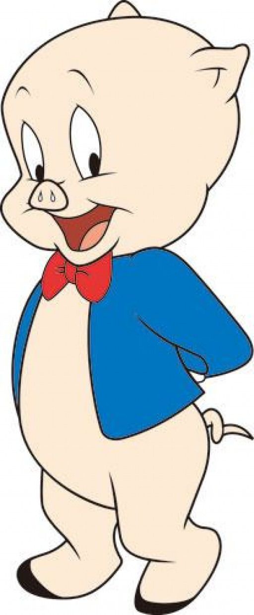 a cartoon pig with a red bow tie and blue shirt is standing in front of a white background