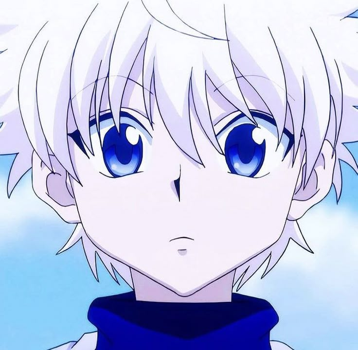 an anime character with white hair and blue eyes looks at the camera while staring into the distance