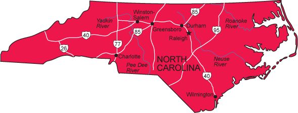 a map of north carolina with all the towns and roads highlighted in red on a white background