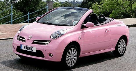 a pink car is parked on the side of the road