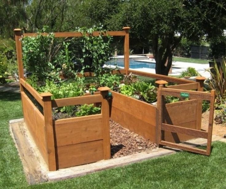 an outdoor garden with wooden planters and plants growing in the ground next to a swimming pool