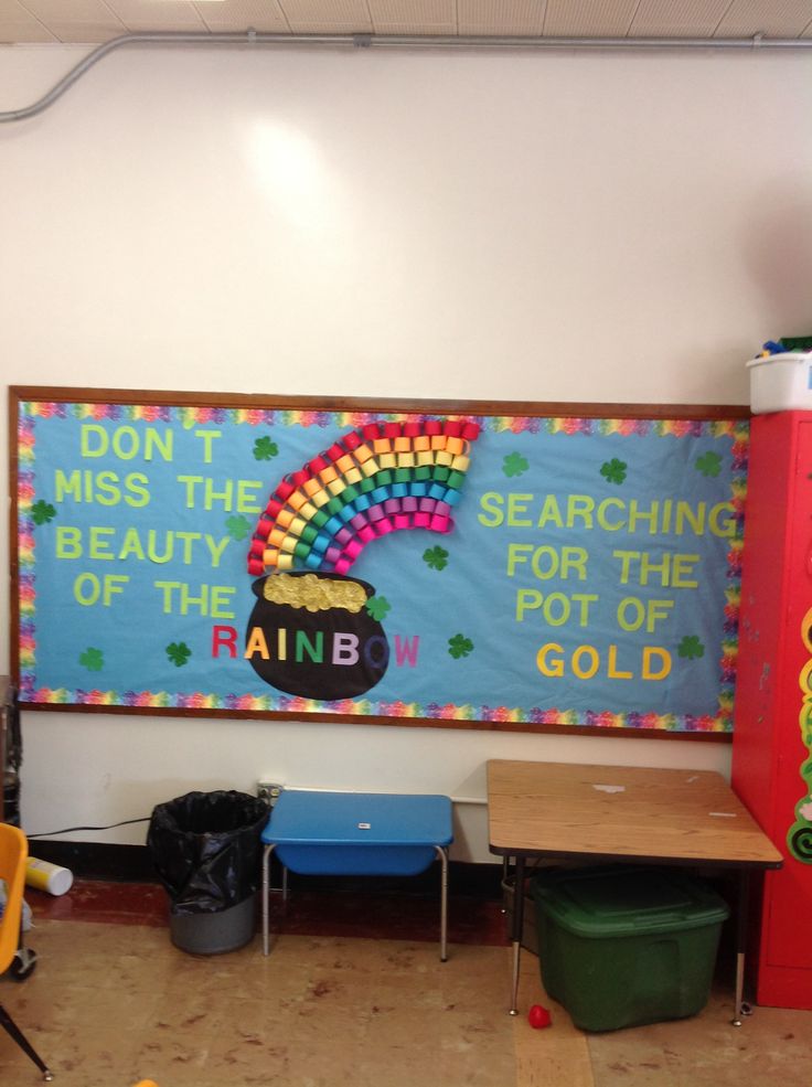 a bulletin board in the corner of a classroom