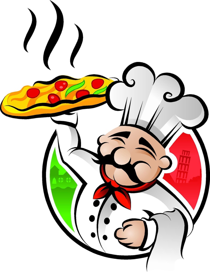 a cartoon chef with a pizza on his platter in the shape of a circle