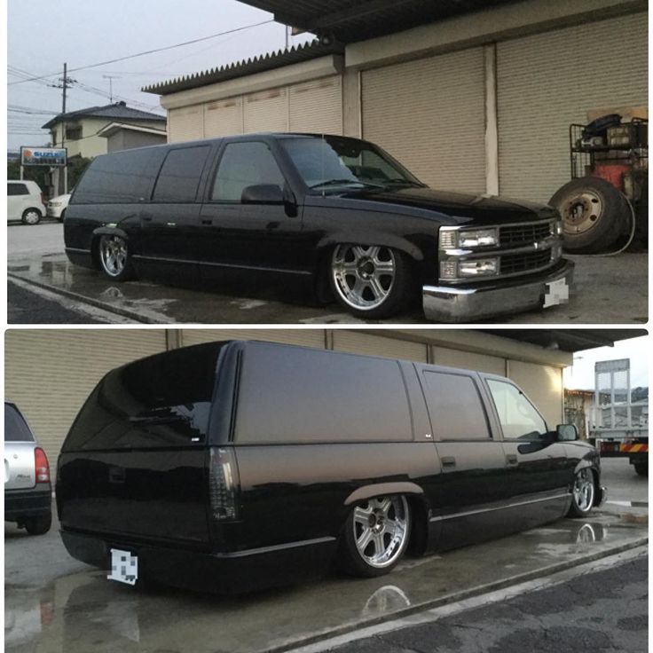 two pictures of a black van parked in front of a building and another photo of the same vehicle