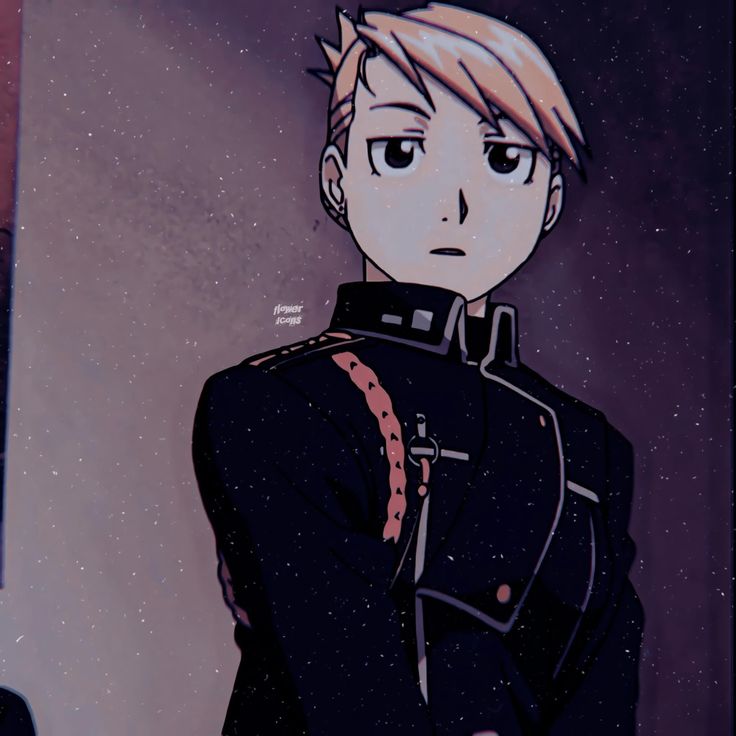 an anime character with blonde hair wearing a black uniform and standing in front of a wall