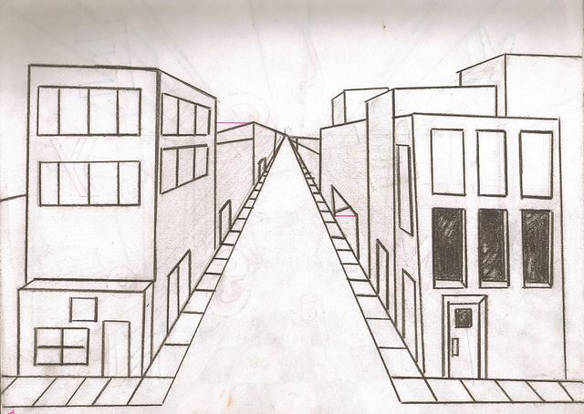 a drawing of an alley way with two buildings