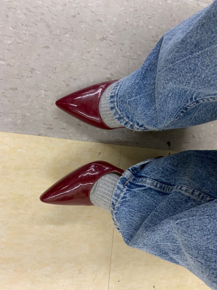 #heels #cherry #fashion #luxury #style #denim Maroon Heels Outfit, Maroon Shoes Outfit, Maroon High Heels, Cherry Fashion, Maroon Heels, Stonewash Jeans, Red Kitten Heels, Maroon Shoes, High Heels Outfit