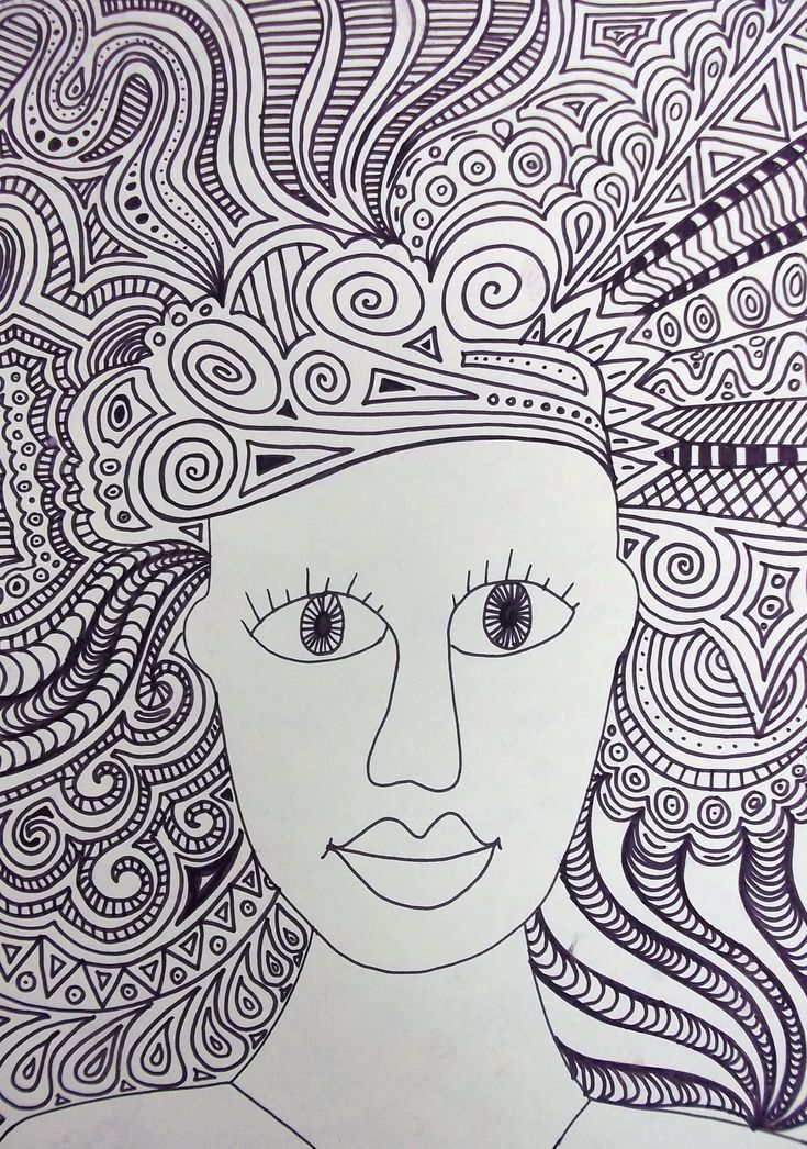 a black and white drawing of a woman's head with swirls on it