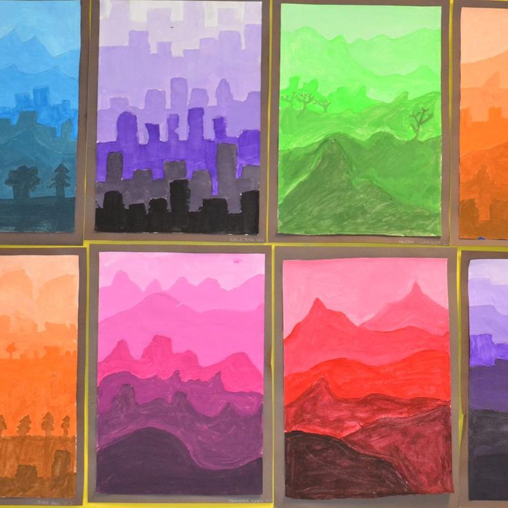 six different colored paintings with buildings in the background and mountains on each side, all painted by children