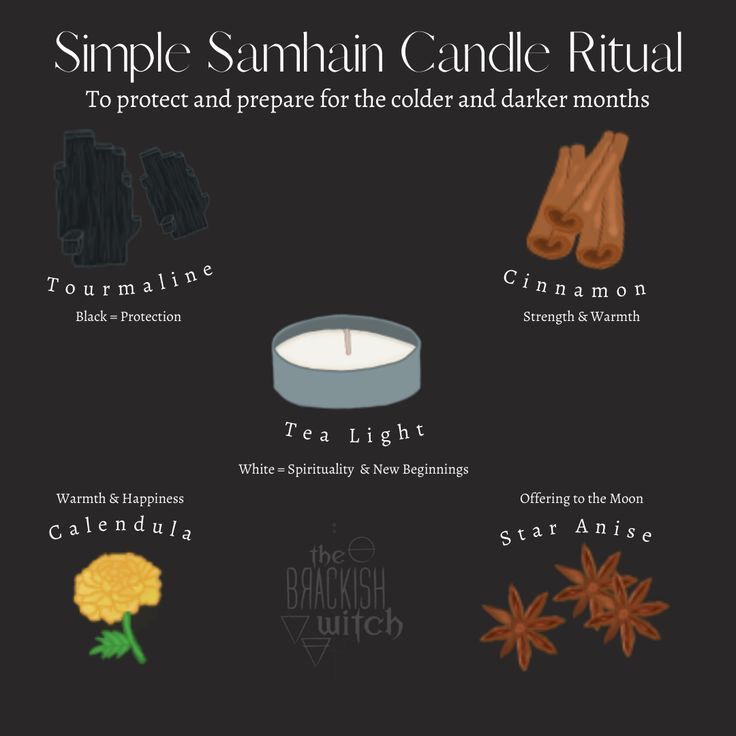 To honor Samhain you can take a tea light and put in cinnamon, black tourmaline, anise seed, and calendula for a simple candle ritual. Samhain Ritual Witchcraft, Pagan Autumn, Happy Samhain, Samhain Altar, Samhain Ritual, Candle Ritual, Wiccan Sabbats, Pagan Beliefs, Witchcraft Candles