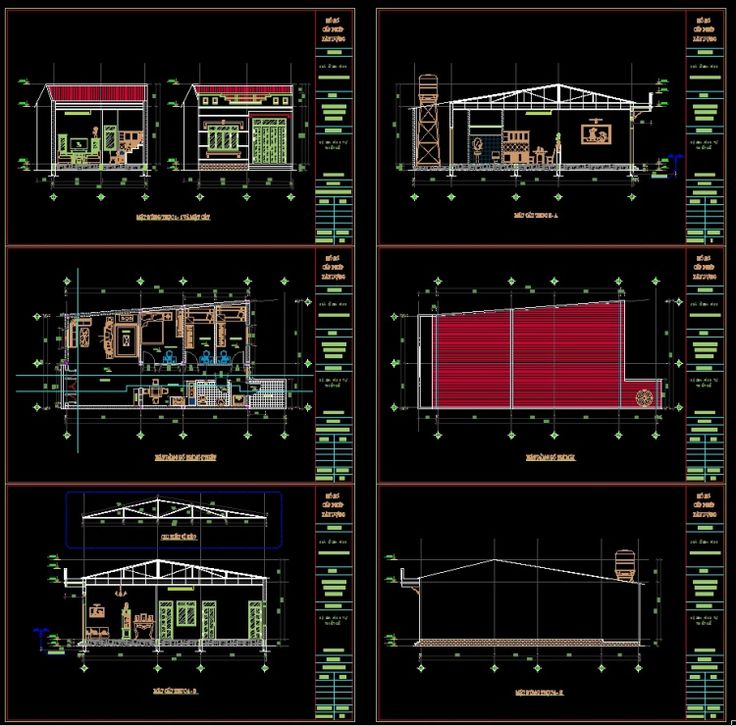 some drawings of different types of buildings in the process of being built, including one building and