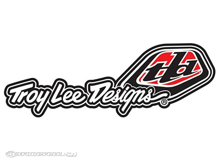 the troy lee designs logo is shown in black and white with red lettering on it