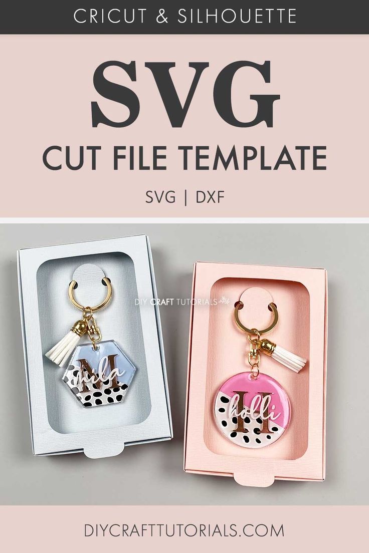 two key chains in a box with the words svg cut file template