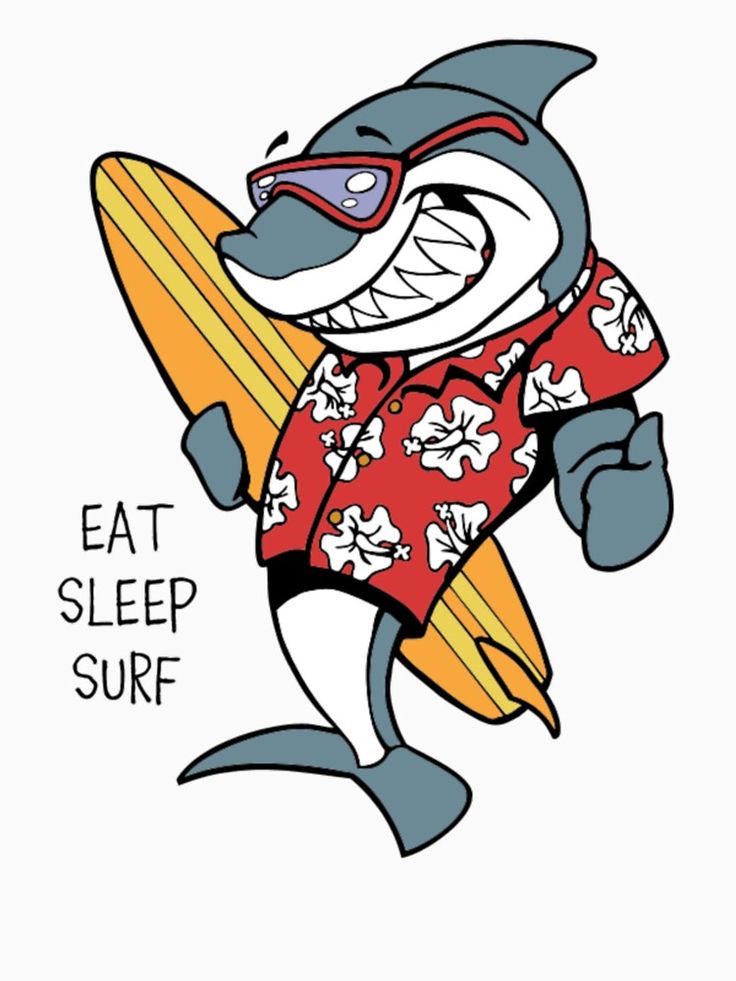 an image of a shark with a surfboard in his hand and the words eat sleep surf