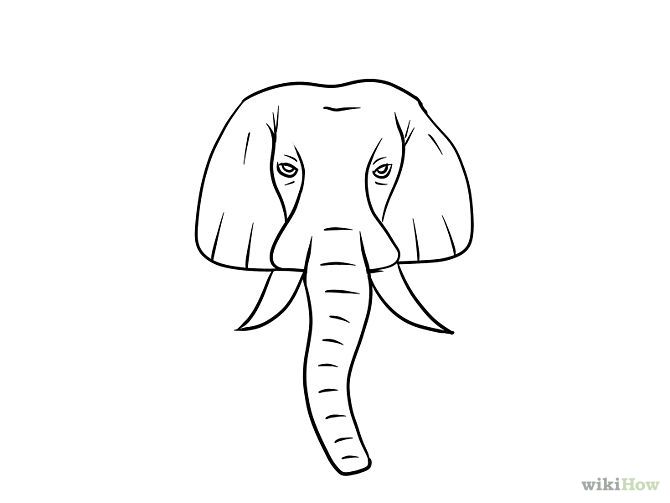 an elephant's head with tusks drawn in black and white on a white background