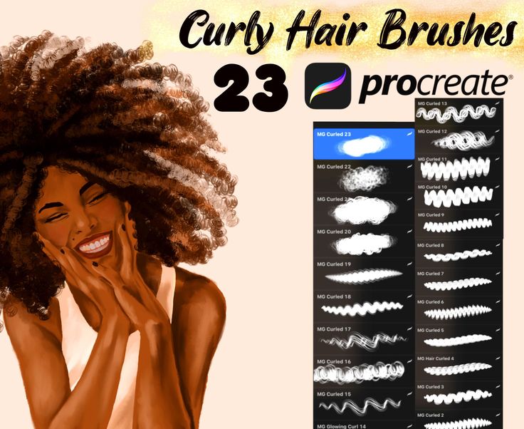 a woman with curly hair brushes and procreate