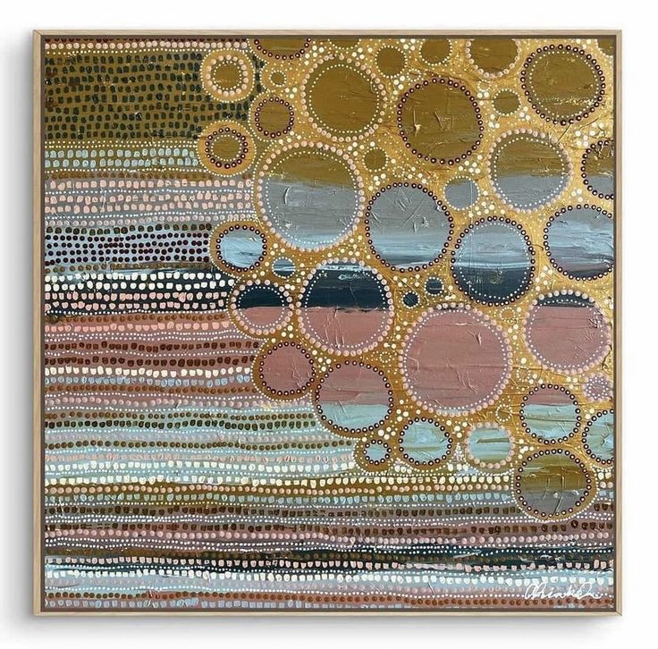 an abstract painting with gold and blue circles