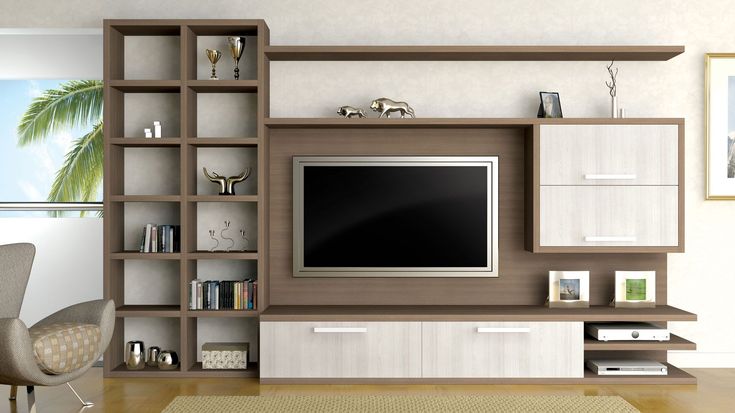 a living room filled with furniture and a flat screen tv on top of a wooden shelf