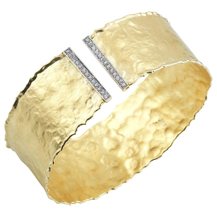 14 Karat Yellow Gold Hand-Crafted Matte And Hammered Finish Scallop-Edged Cuff Bracelet, Enhanced With 0.31 Carat Of Pave Set Diamond Bars. Ancient Bracelet, Yellow Gold Cuff Bracelet, Fashion Diamond Rings, Hammered Cuff Bracelet, Diamond Cuff Bracelet, Diamond Fashion Jewelry, Cuffs Bracelets, Slap Bracelets, Gold Bracelet Cuff